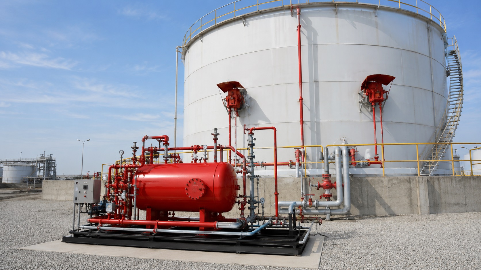 Impianto antincendio a schiuma fissa con bladder tank proportioner e camere di schiuma su tank farm di deposito carburanti, con riduttore di flusso autoregolante sulla linea acqua a monte del proporzionatore