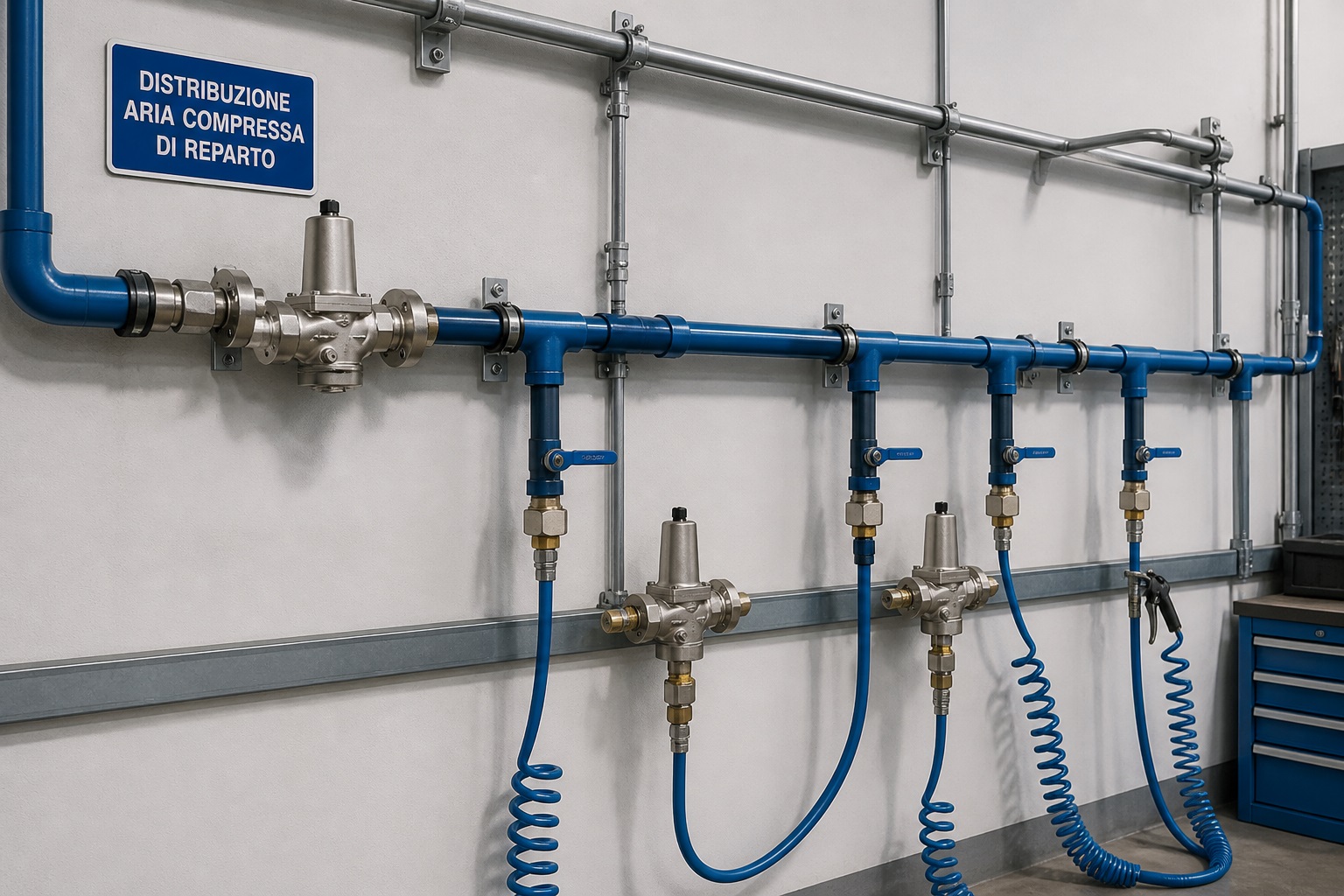 Distribuzione aria compressa di reparto con stacchi e riduttori