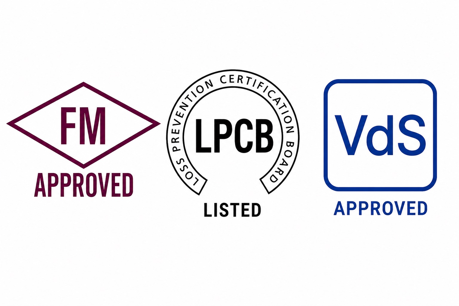 Loghi delle tre certificazioni internazionali per componenti antincendio: FM Approved, LPCB listed e VdS approved