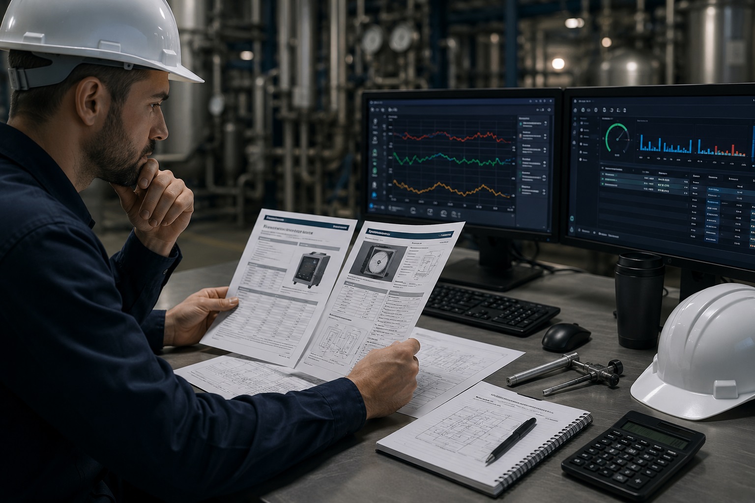 Ingegnere di processo che valuta la scelta di un registratore videografico industriale, con specifica tecnica e datasheet a confronto