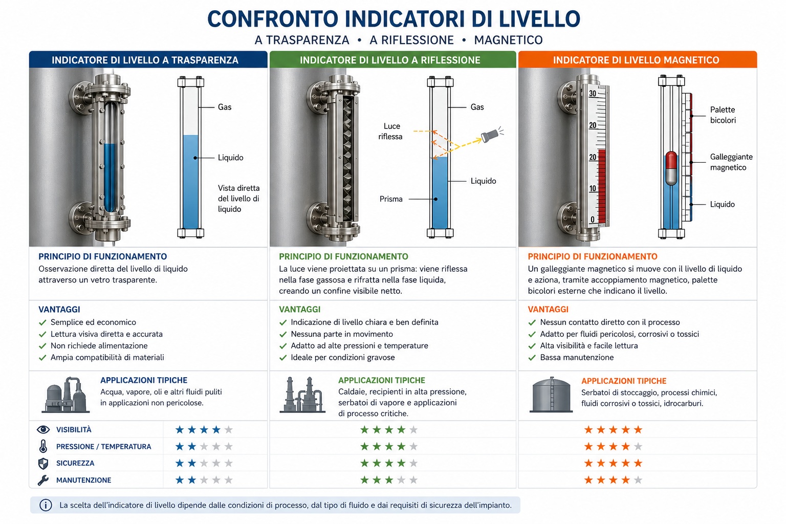 confronto tra indicatore di livello a trasparenza, riflessione e magnetico