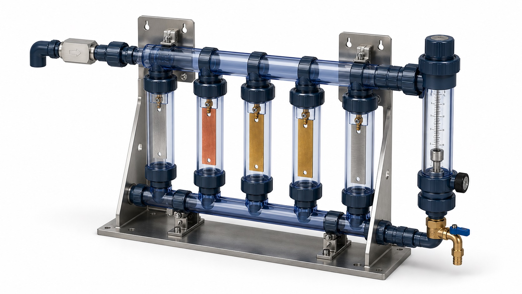Coupon rack di monitoraggio corrosione in PVC trasparente per torre di raffreddamento, con quattro stazioni coupon, flow regulator e flussimetro a galleggiante visibili