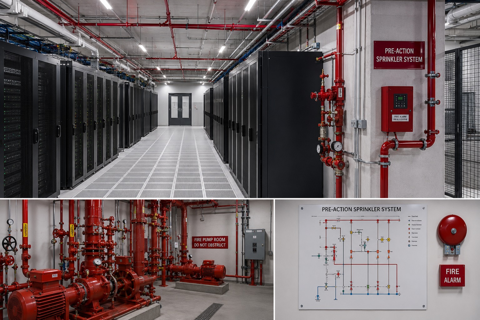 Sala data center con impianto sprinkler a pre-azione e locale pompa antincendio dedicato