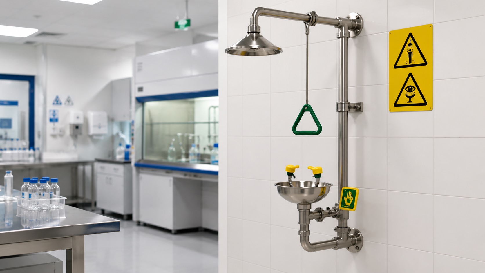 Stazione combinata di doccia di emergenza e lavaocchi conforme EN 15154 installata in laboratorio chimico industriale