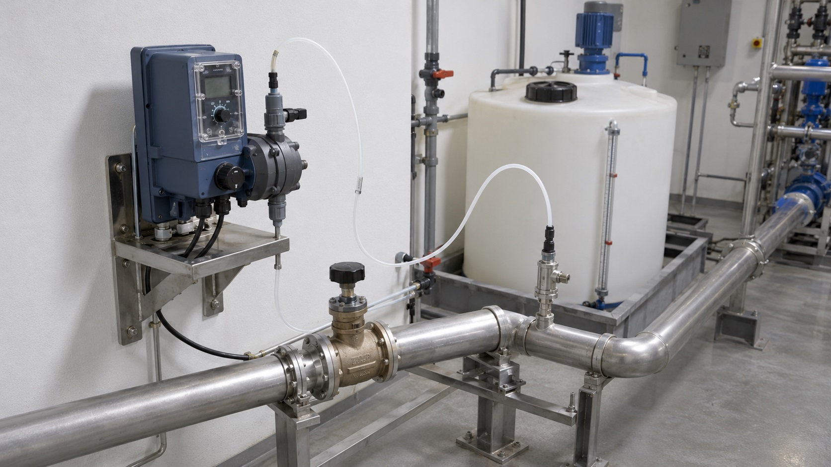 Sistema di dosaggio chimico in rapporto fisso con pompa dosatrice a membrana che inietta additivo nella linea principale dotata di riduttore di flusso autoregolante per la stabilizzazione della portata