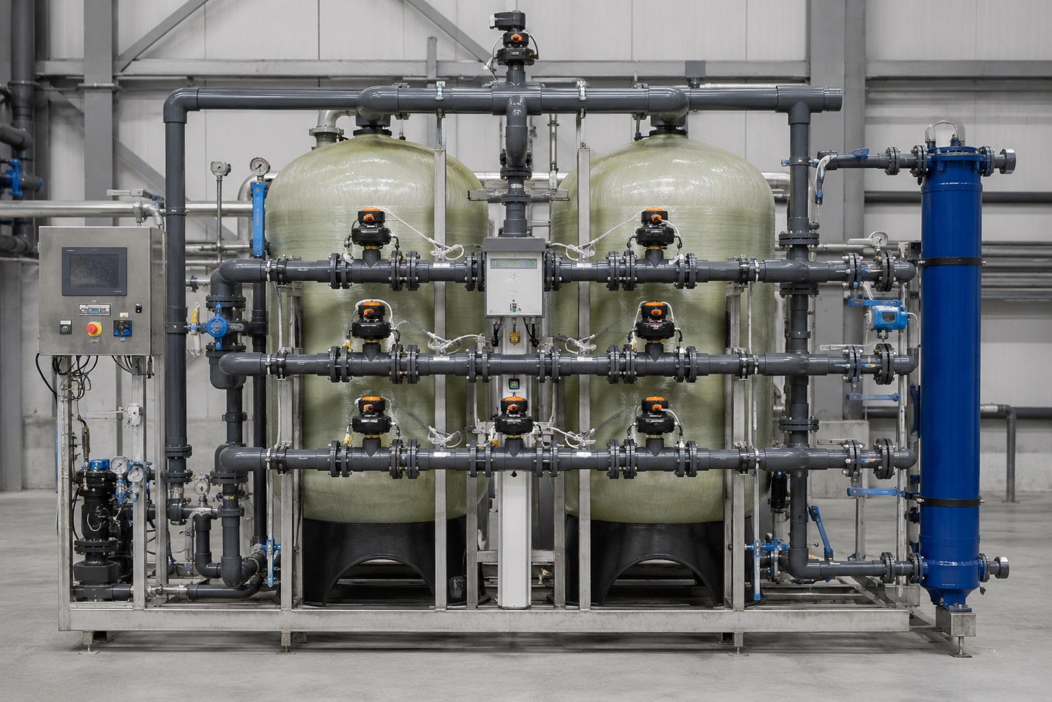 Filtro multimediale industriale in vetroresina con valvola di controlavaggio e batteria di valvole multivia, vista frontale dell'impianto
