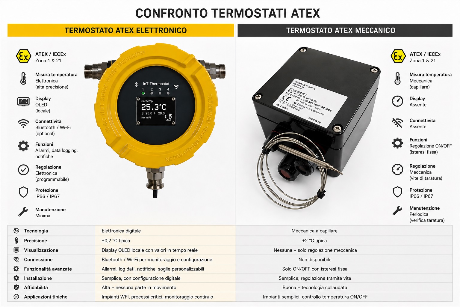 Confronto termostato meccanico ATEX e controllore elettronico ATEX