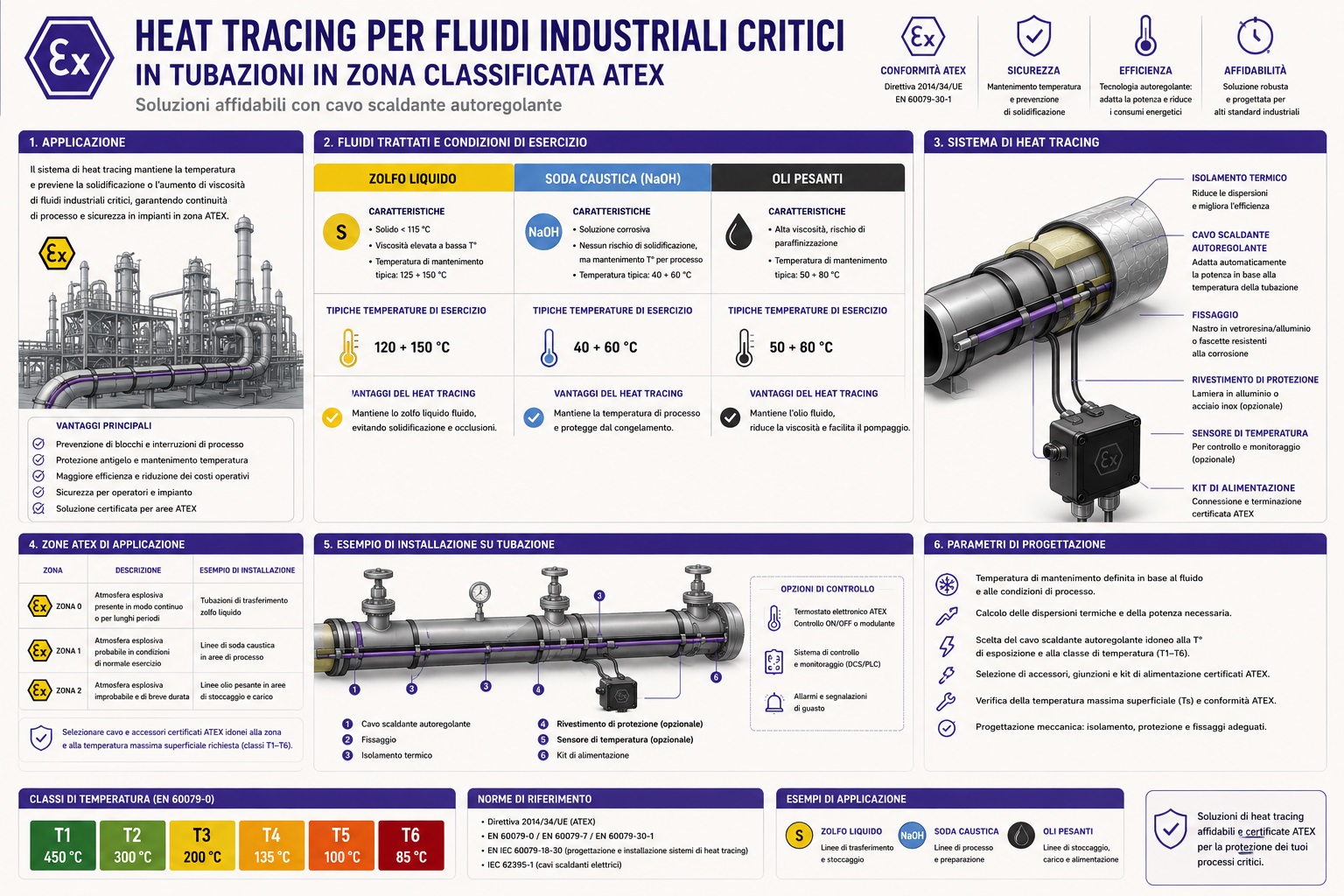 Heat tracing per zolfo liquido, soda caustica e oli pesanti in tubazioni ATEX