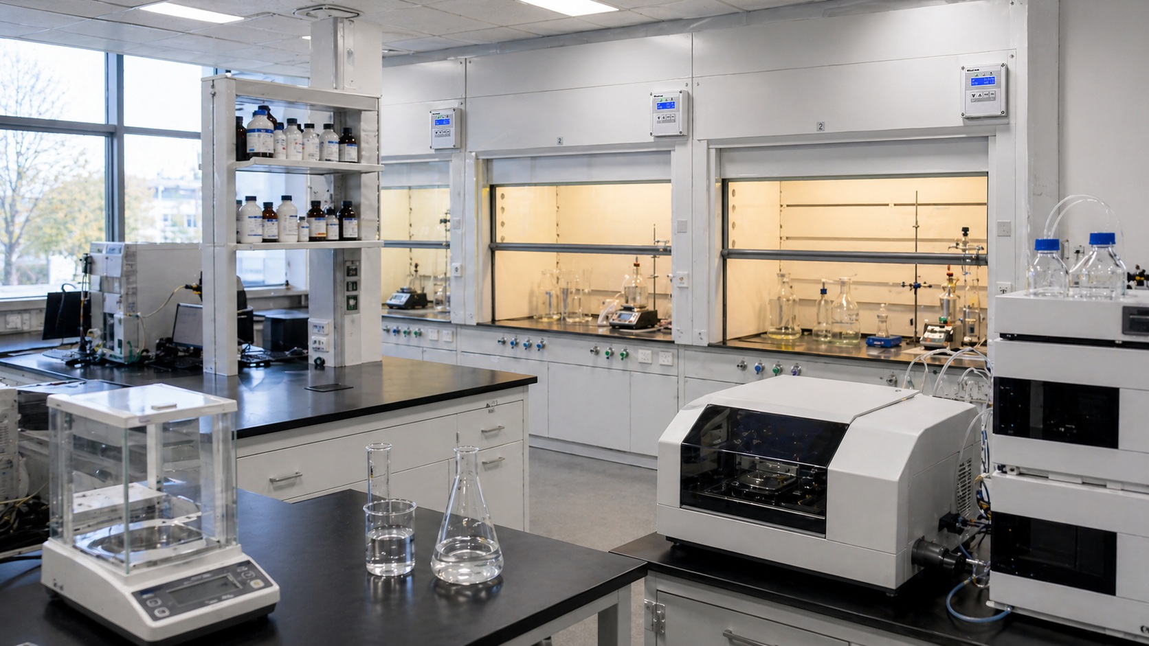 laboratorio R&D con cappe chimiche e sistema di controllo