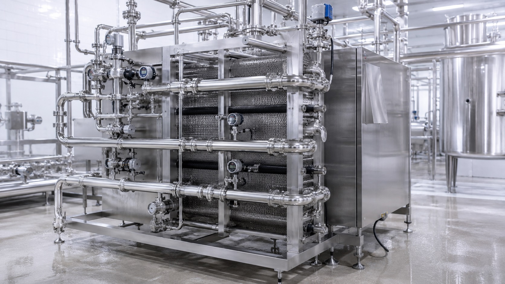 linea di pastorizzazione latte con scambiatore a piastre e strumentazione tri-clamp
