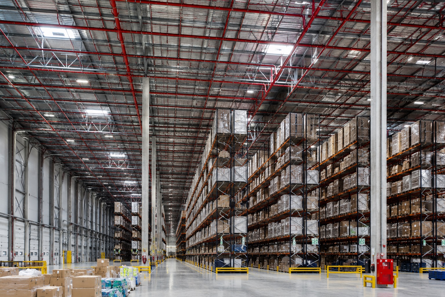 Magazzino logistico hyperscale con scaffalature alte e impianto sprinkler ESFR a soffitto