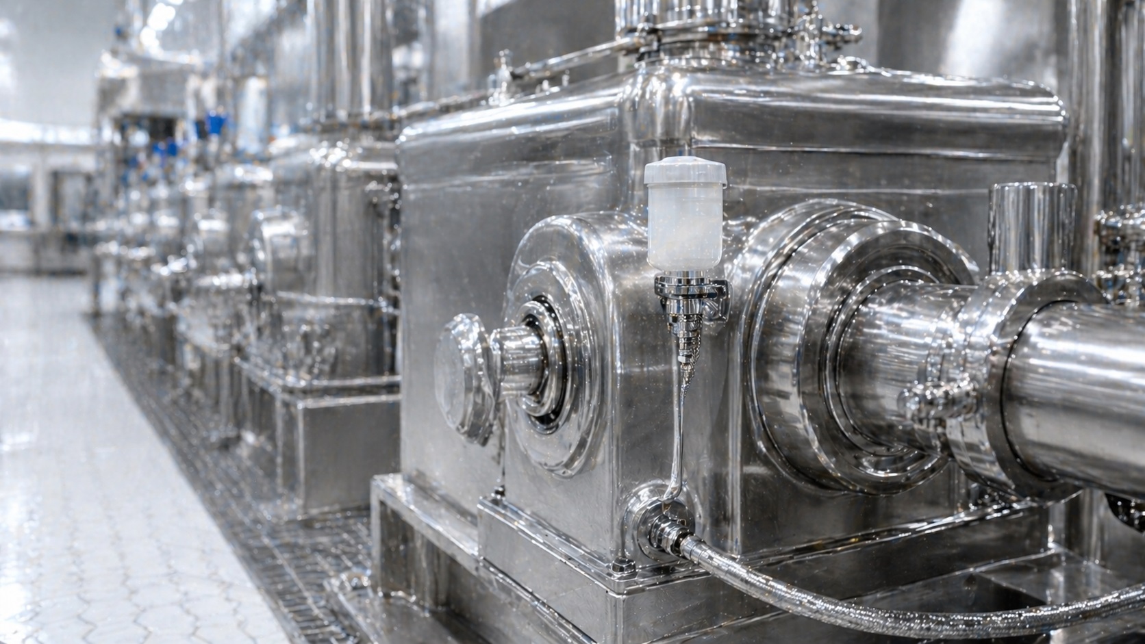 Impianto alimentare in inox con macchinari riempitrici e sistema CIP