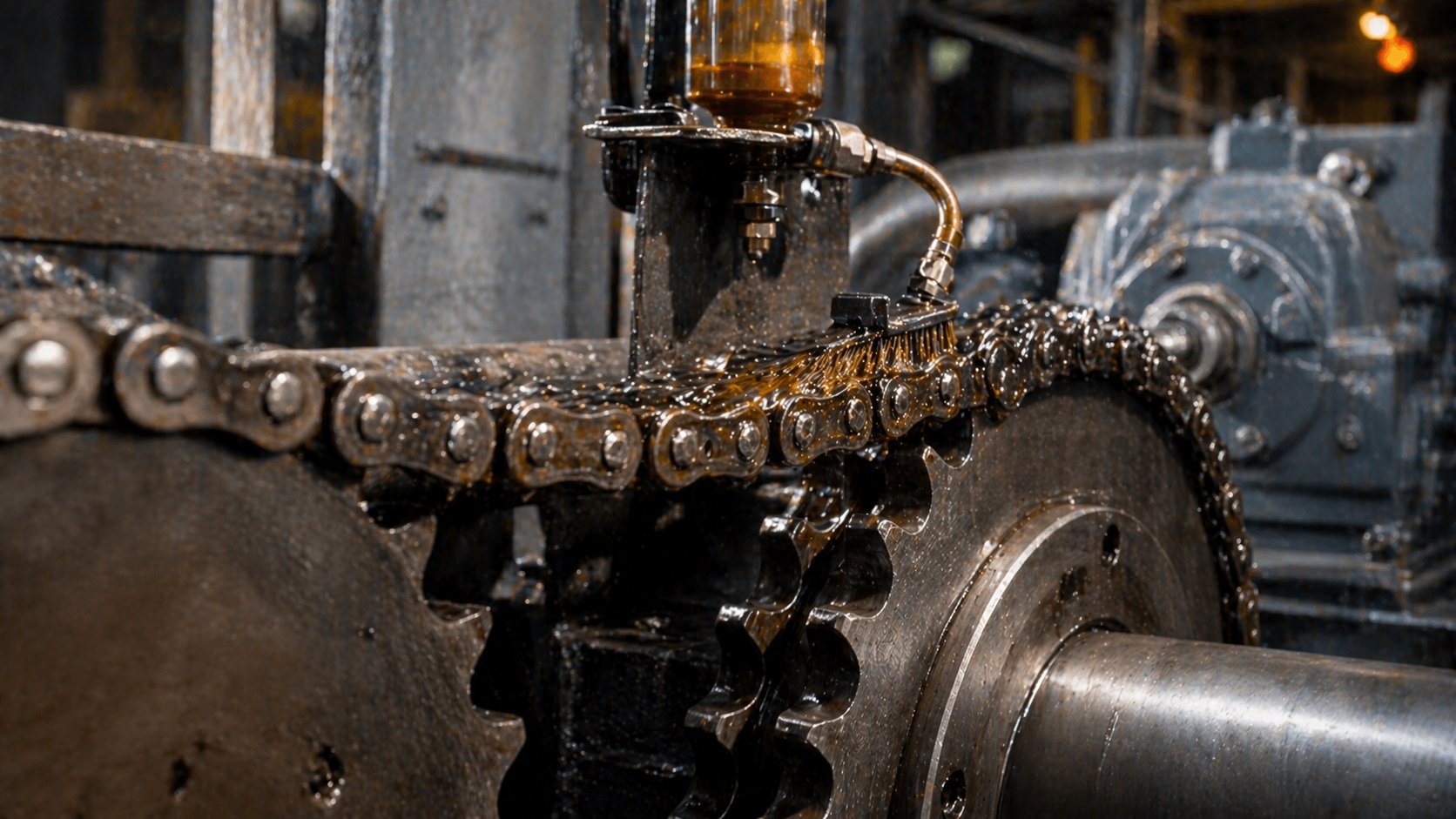 Oliatore a gocciolamento regolabile installato per lubrificazione di catena industriale