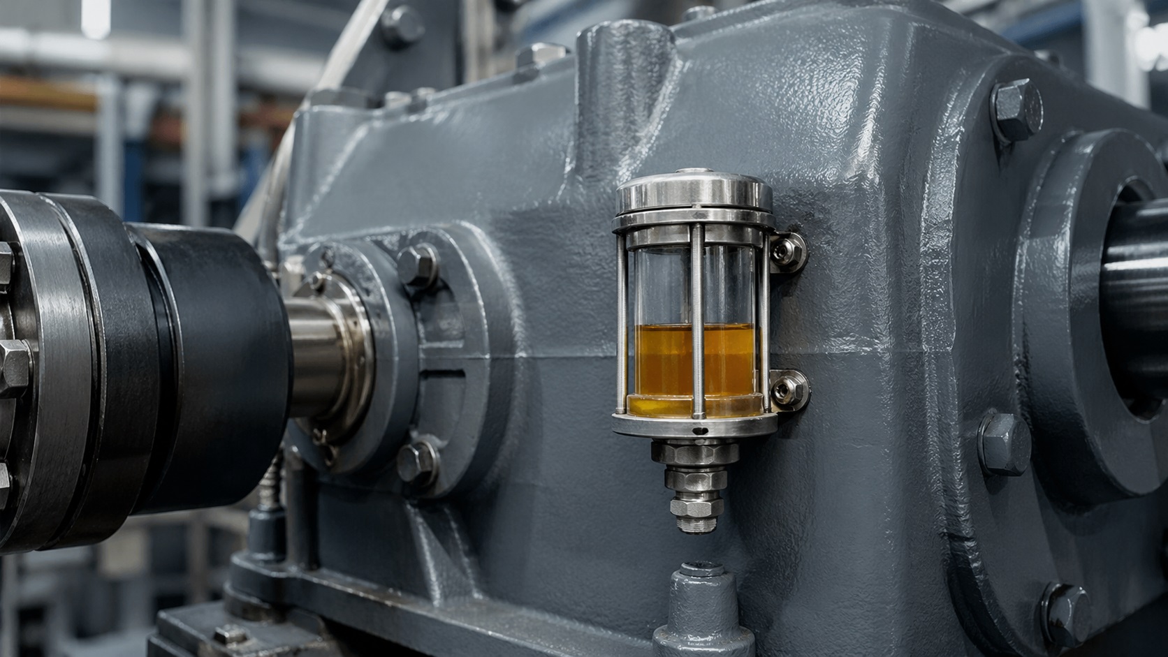 Lubrificazione di riduttore industriale con oliatore a livello costante e desiccant breather