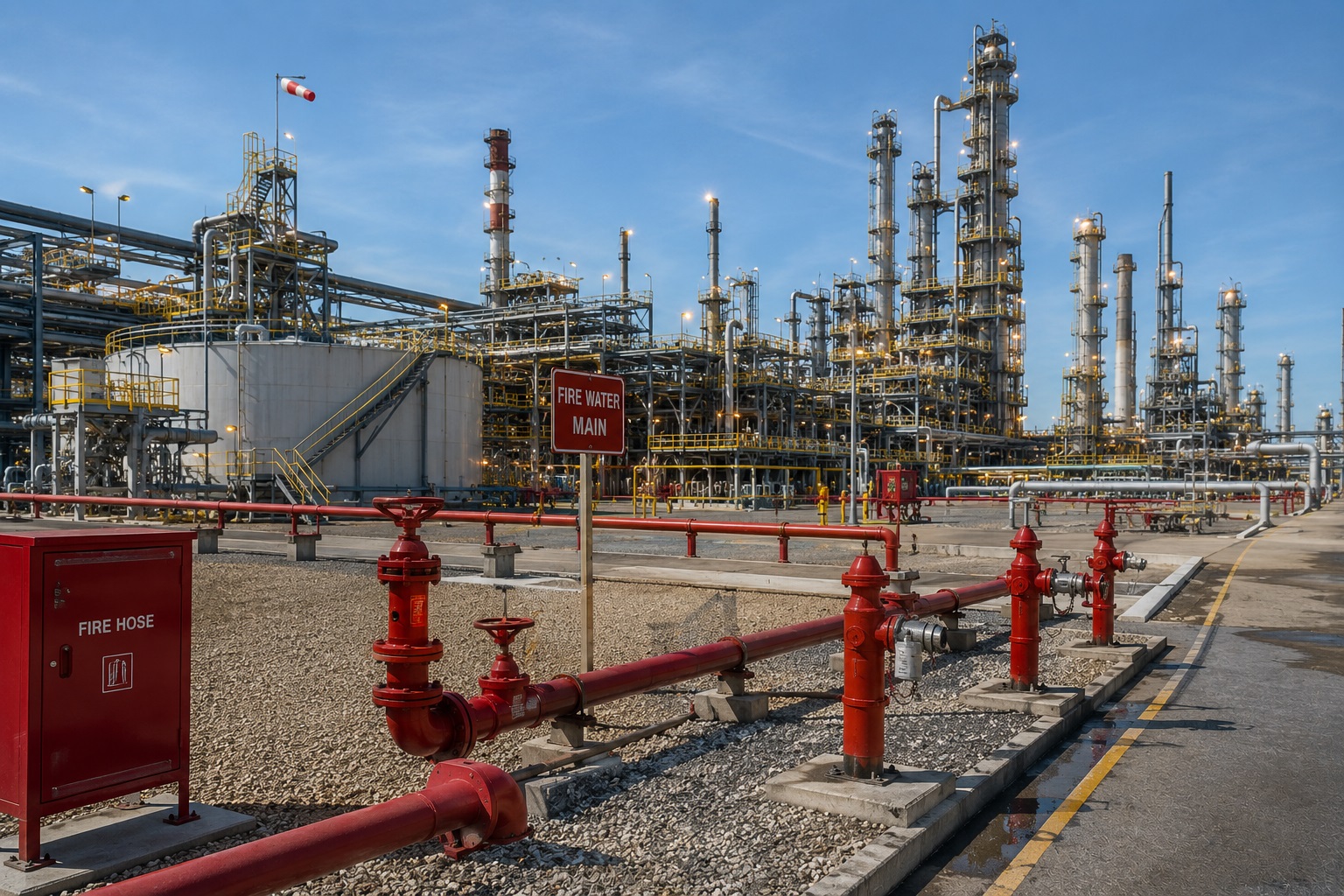 Stabilimento petrolchimico con torre di raffinazione e rete antincendio dedicata con idranti soprassuolo