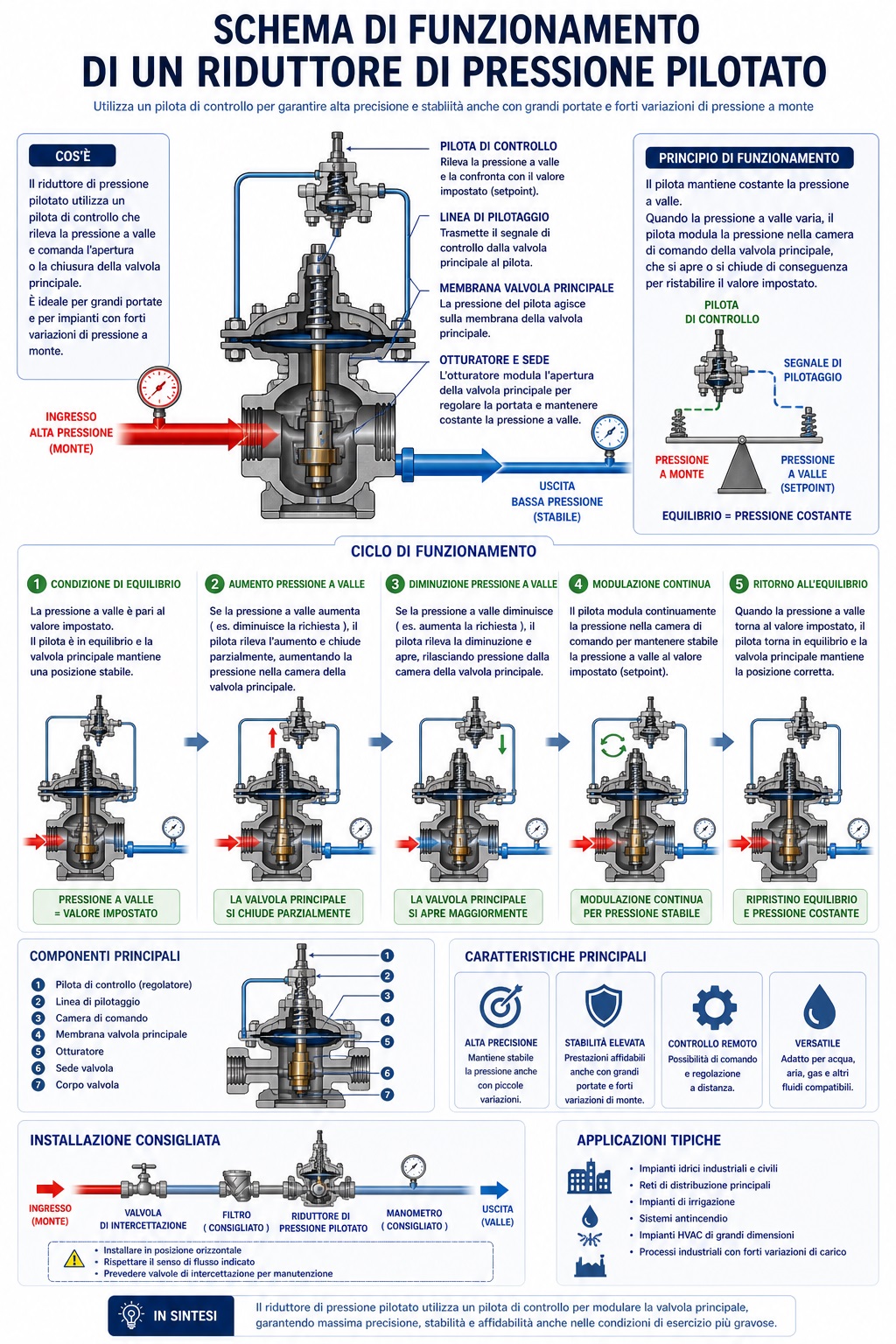 Schema di funzionamento di un riduttore di pressione pilotato