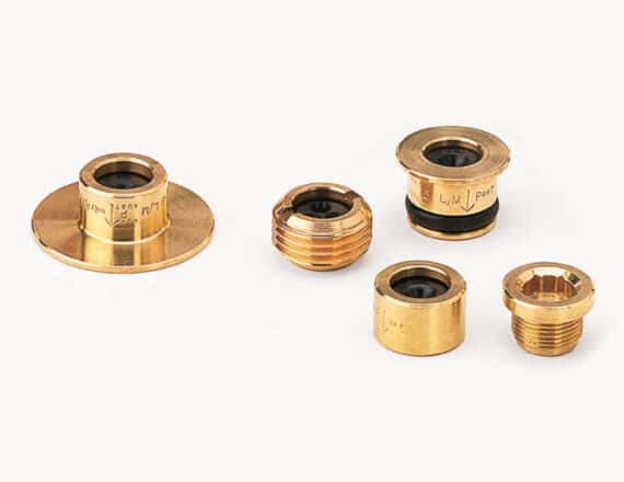 Riduttori di flusso a inserzione MCA: inserti compatti antimanomissione in ottone DR, UPVC e acciaio inox AISI 316, da SIZE 1 (12,45 mm) a SIZE 5 (50,40 mm), per montaggio dentro corpi ospiti in applicazioni acquedotti, hospitality, OEM