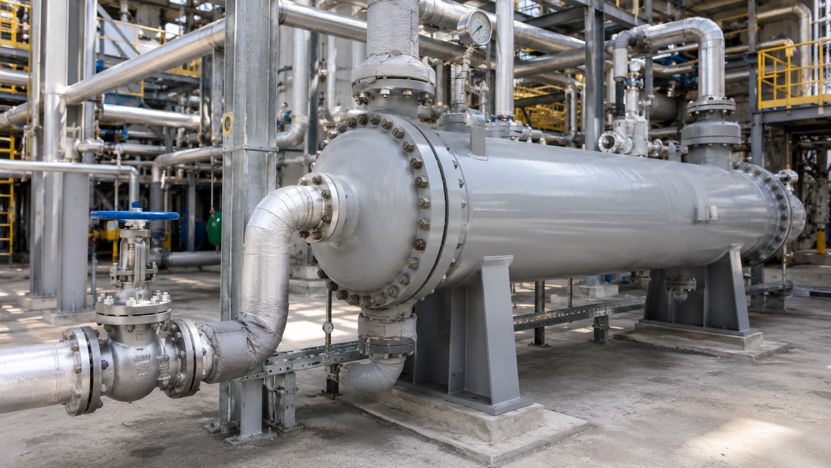 Scambiatore di calore a fascio tubiero con linea di alimentazione dell'acqua di raffreddamento dotata di riduttore di flusso autoregolante per il controllo della portata di progetto