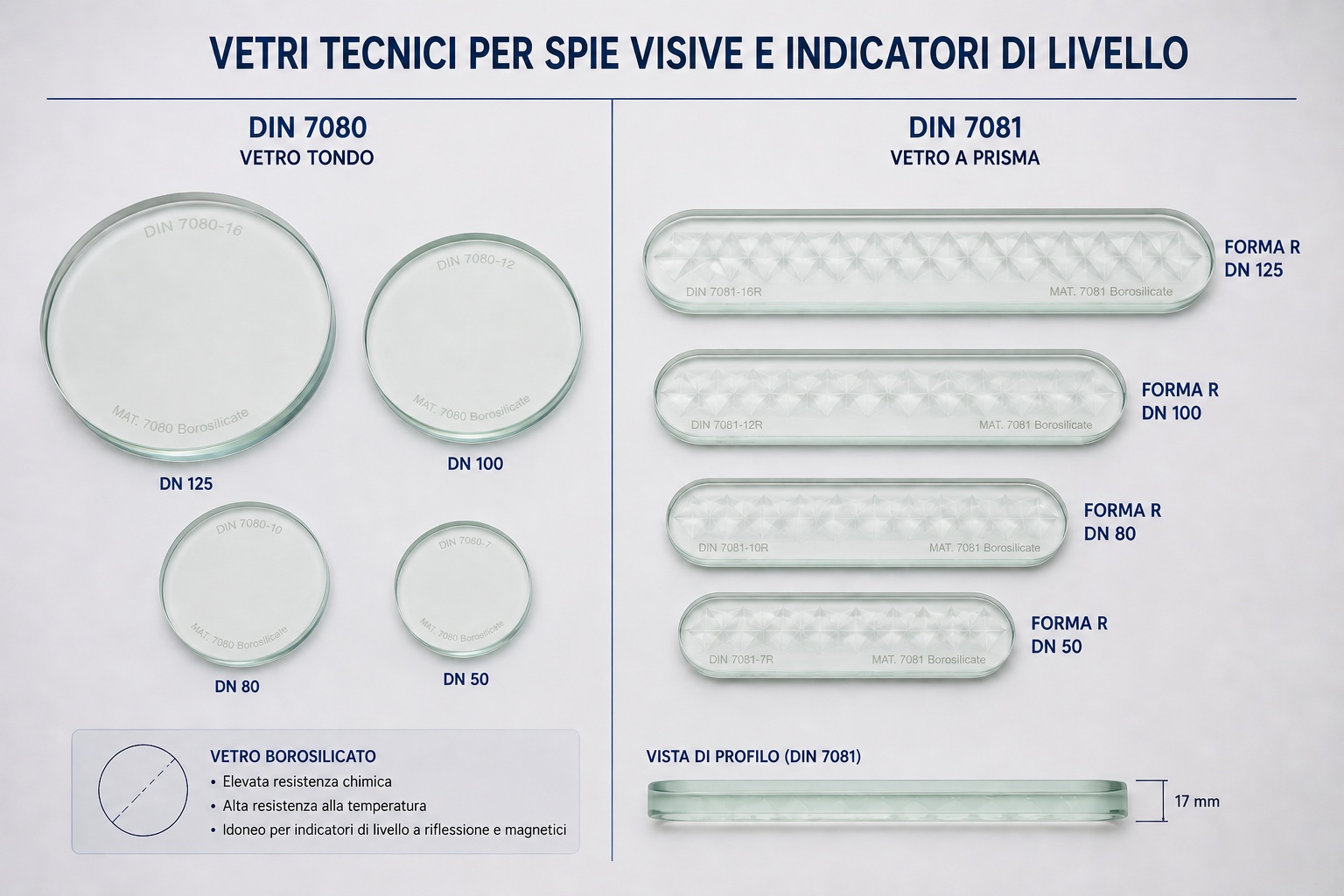 vetri tecnici per strumentazione industriale: DIN 7080, DIN 7081, DIN 8902, sanitari, chimico-farmaceutici
