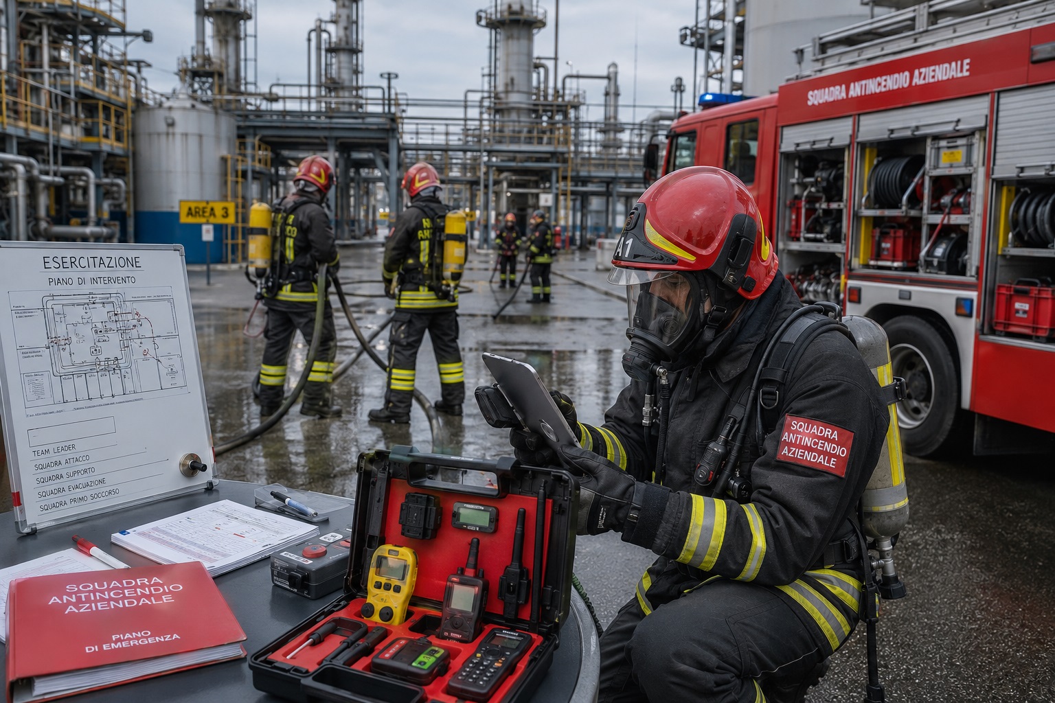 Squadra di Vigili del Fuoco aziendali durante esercitazione di intervento con dotazione strumentale